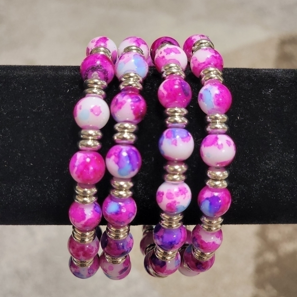 𝅺handmade Stretch Bracelet with Pink, Blue, Purple and White  Set of 4 pc